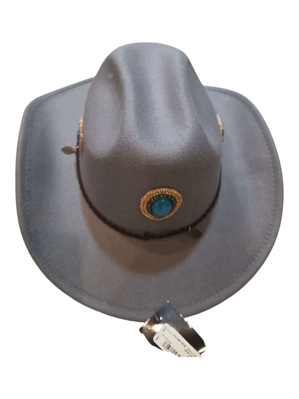 Alex Bendell Boho Upcycled Gray Fedora Hat Turquoise & Beaded Embellishments OS - Picture 4 of 4